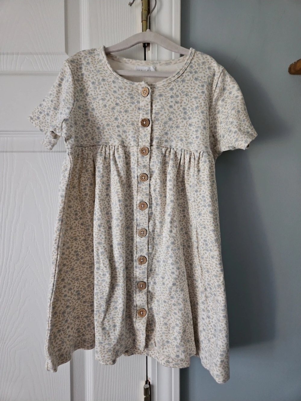 Jamie Kay Cream Dress with Blue Floral Print and Wooden Buttons
